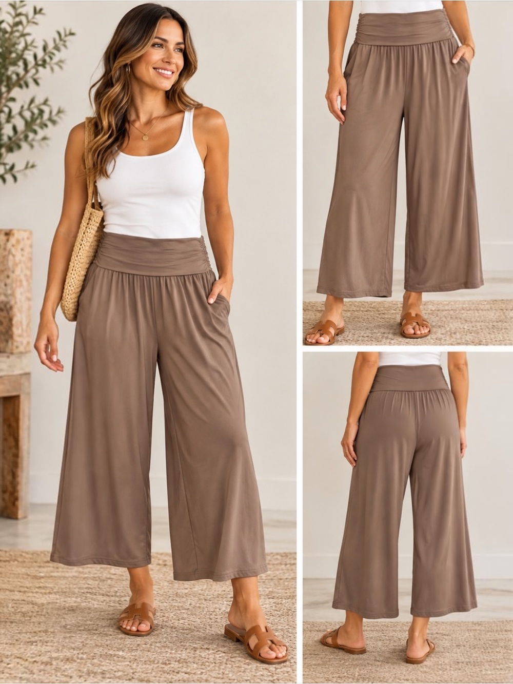 TARSE Women’s 2XL Taupe Brown Cropped Wide Leg Yoga Lounge Pants Pockets